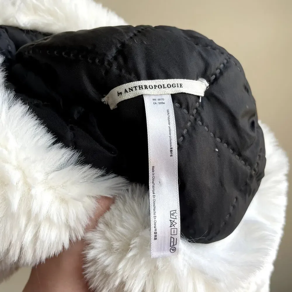 Anthropologie white faux fur ear flap winter hat women's statement piece warm OS